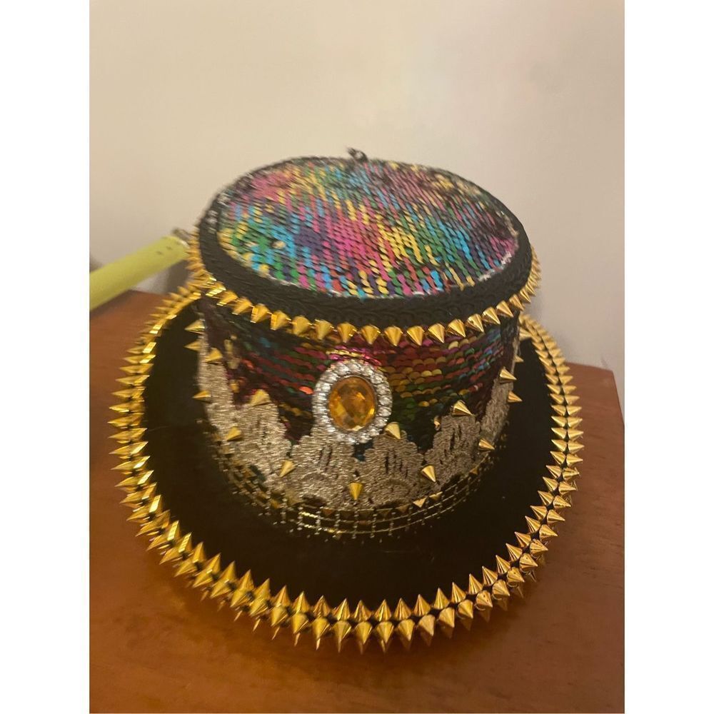 STEAMPUNK HAT: COSTUME COSPLAY HAT WITH SEQUINS, SPIKES AND GEMS IRIDESCENT GOLD - Picture 2 of 5